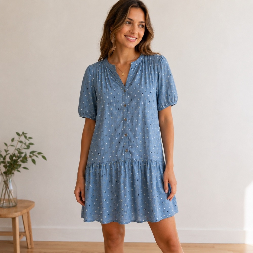 LOFT Dress Womens Medium Blue Clip Dot Chambray Boho Tiered Shift Short Sleeve